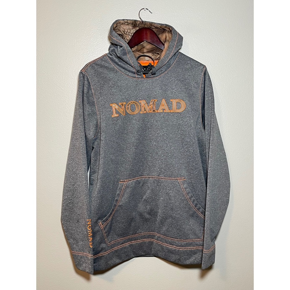 Nomad Mens Hoodie Large Gray Orange Camo Logo Fleece Lined Hunting Pullover